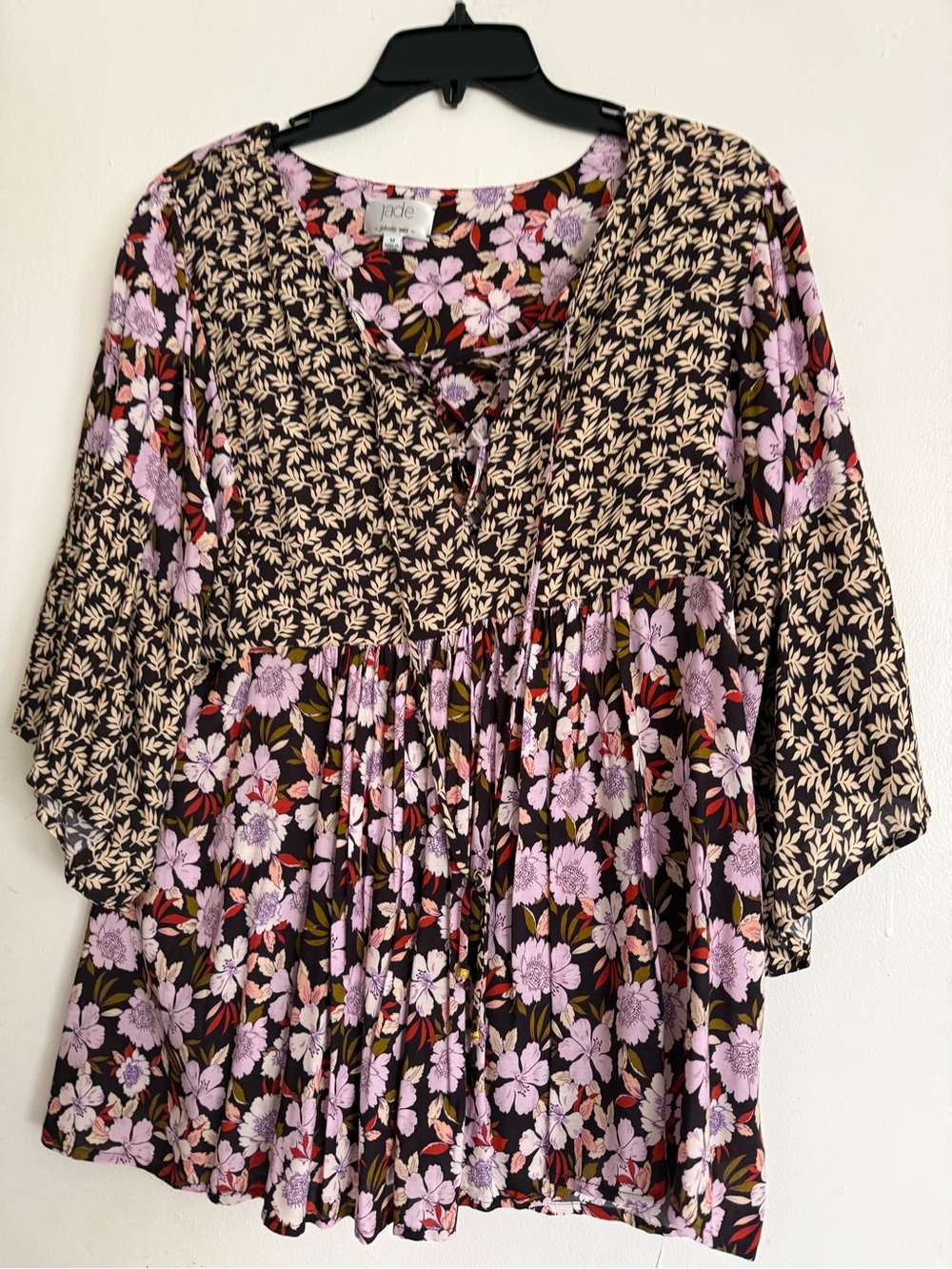 Johnny Was Jade Black Floral Patchwork  Top with Lavender Blooms
